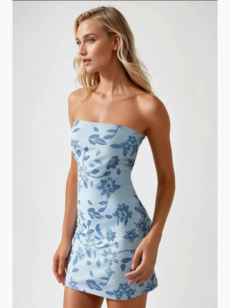 Vestido mini ajustado con textura y sin tirantes hiccup Azul - Kiabi