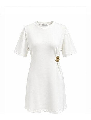 Vestido mini camiseta con cuello redondo y accesorio de piedra mixray