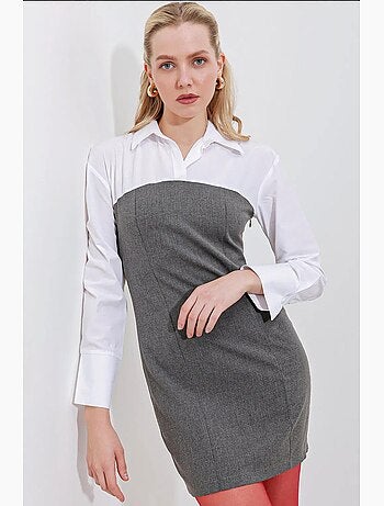 Vestido mini color block con cuello camisero y mangas largas bdart