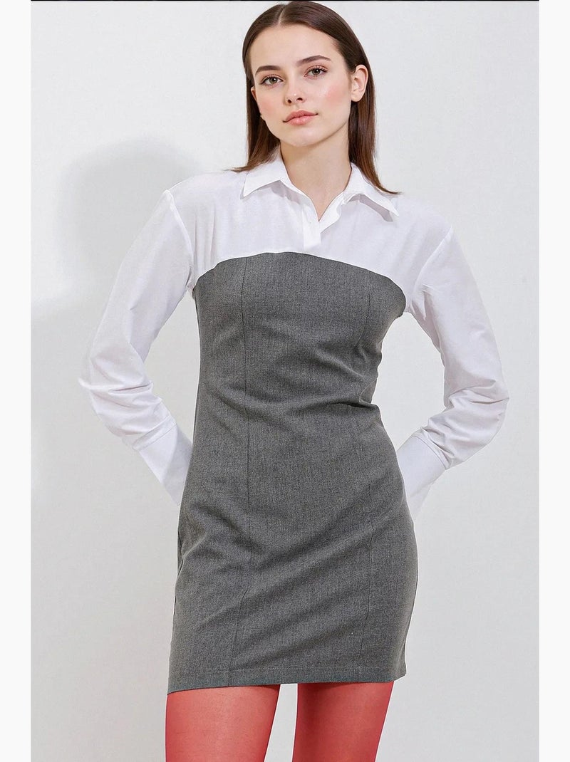 Vestido mini color block con cuello camisero y mangas largas bdart Gris negro - Kiabi