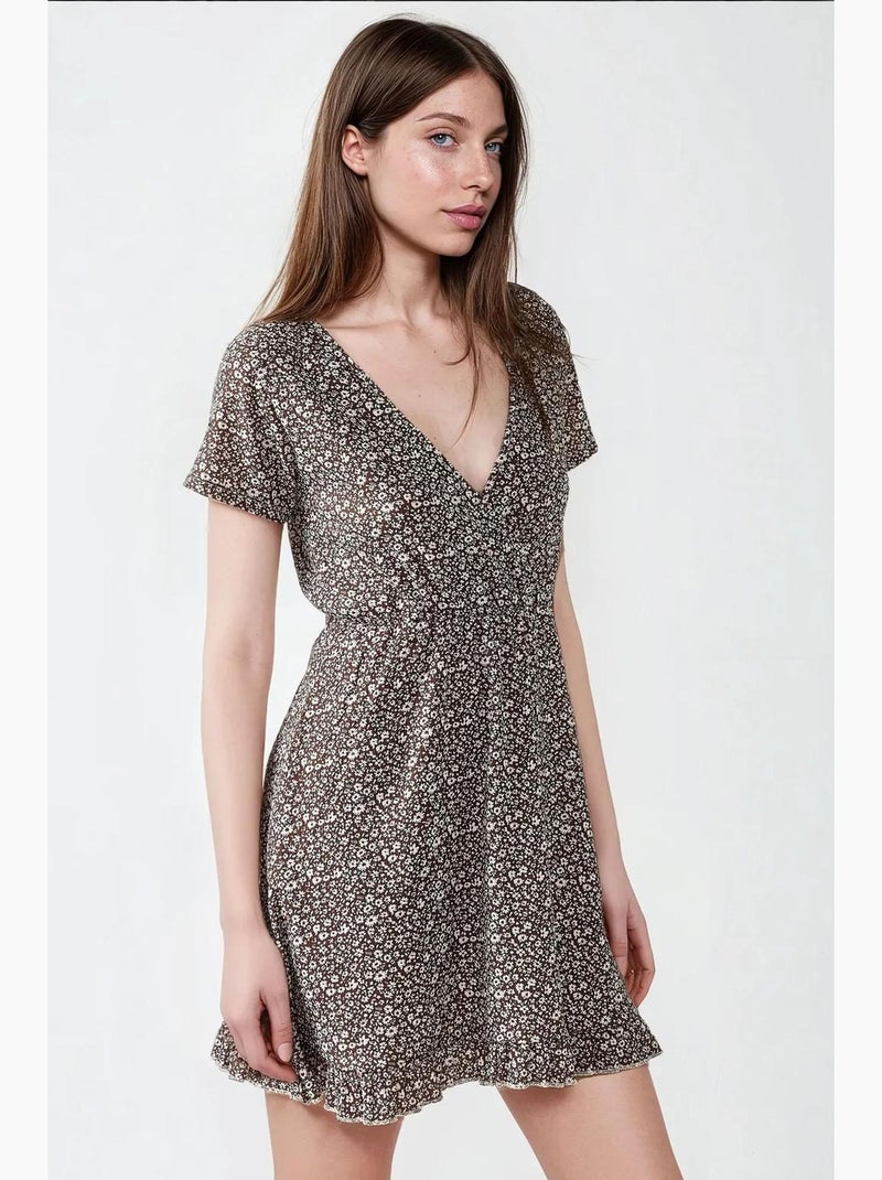Vestido mini con cuello en v y estampado floral hiccup Marrón claro - Kiabi