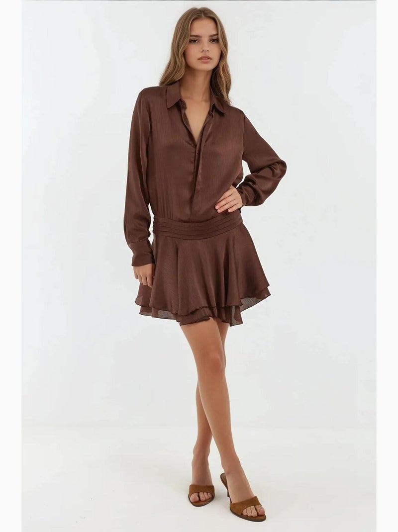 Vestido mini con volantes y cuello camisero hiccup Marrón oscuro - Kiabi