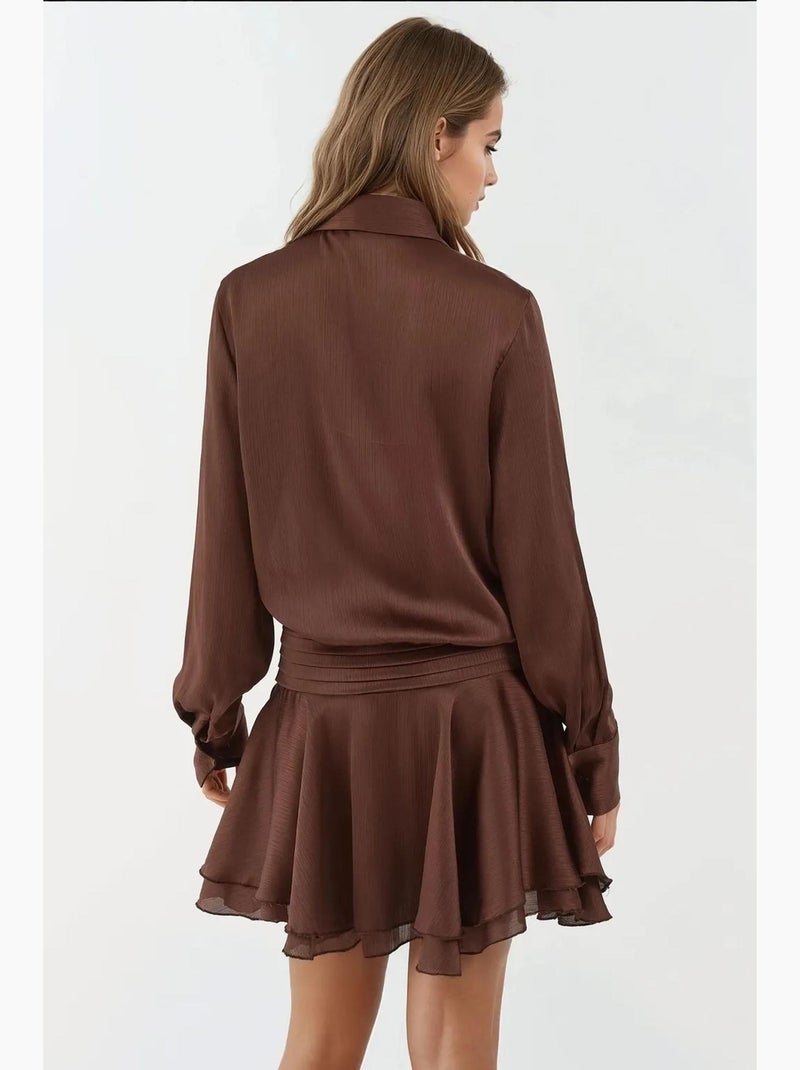 Vestido mini con volantes y cuello camisero hiccup Marrón oscuro - Kiabi