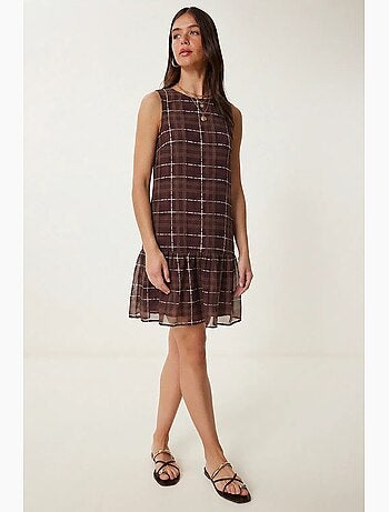 Vestido mini de cuadros con volantes y cuello redondo istanbul
