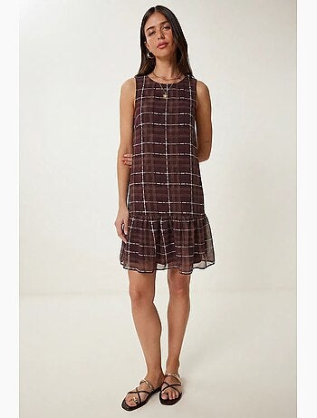 Vestido mini de cuadros con volantes y cuello redondo istanbul