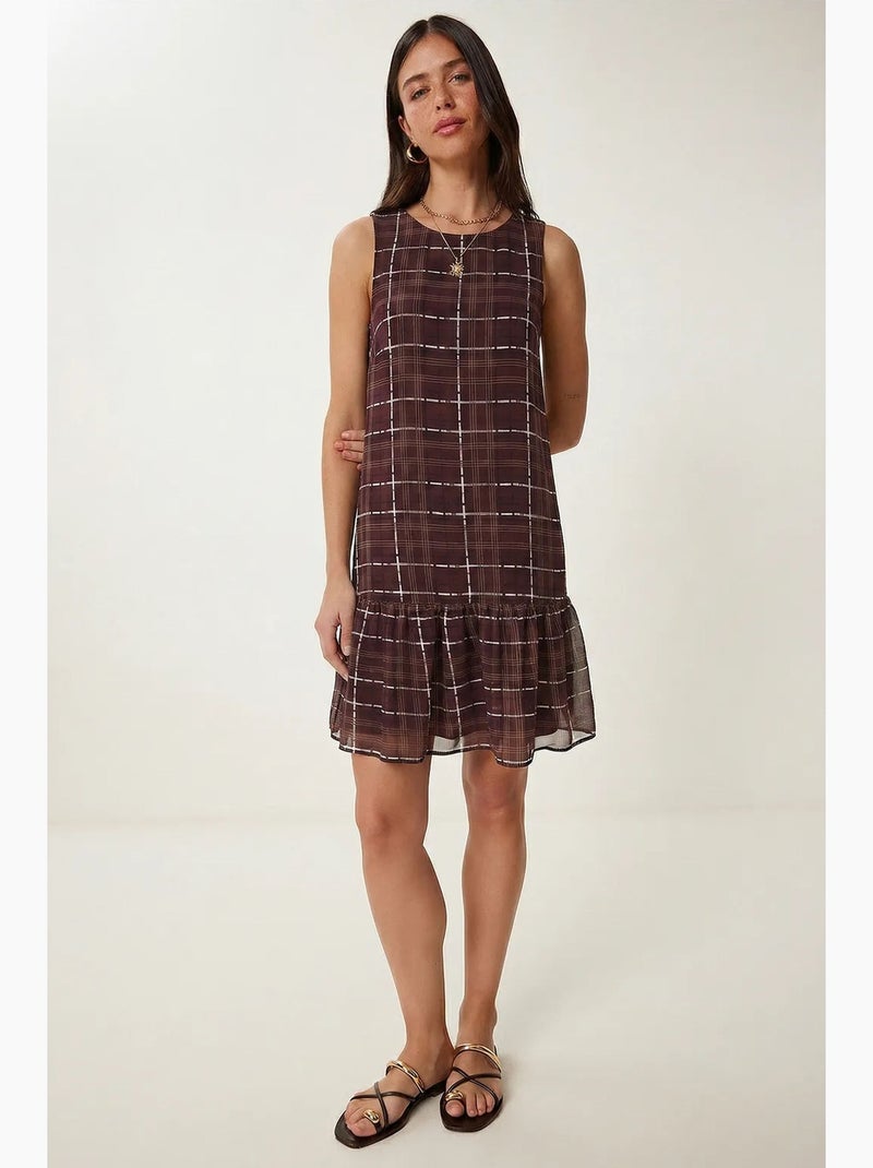 Vestido mini de cuadros con volantes y cuello redondo istanbul Blanco Marrón - Kiabi