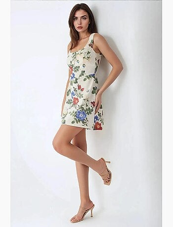 Vestido mini de lino con estampado floral y escote cuadrado hiccup