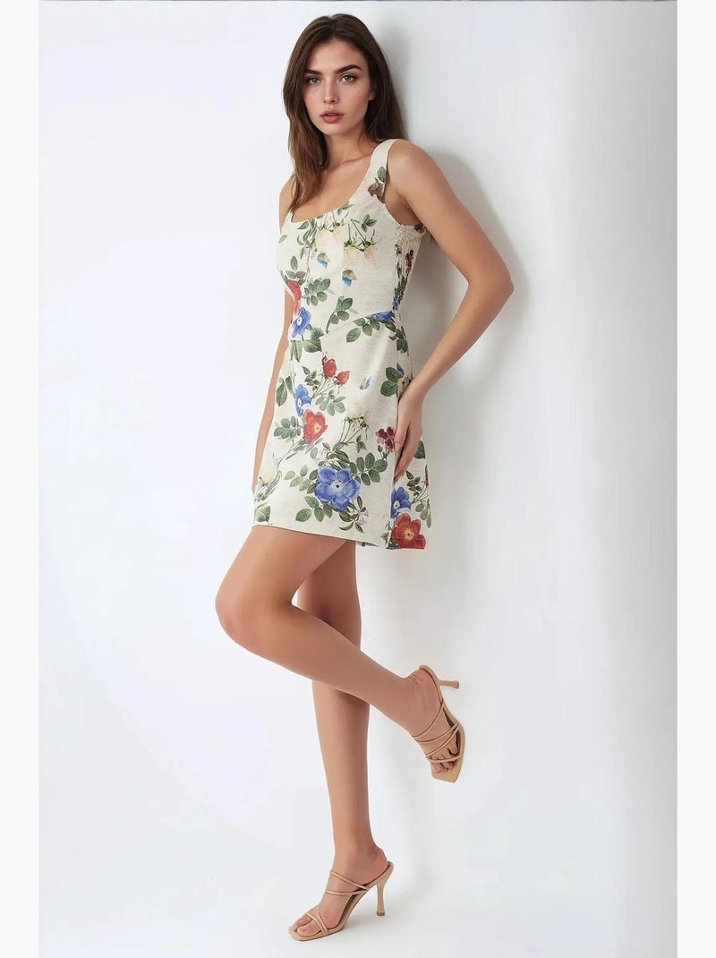 Vestido mini de lino con estampado floral y escote cuadrado hiccup Crema - Kiabi