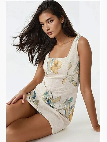 Vestido mini de lino con estampado floral y escote cuadrado hiccup