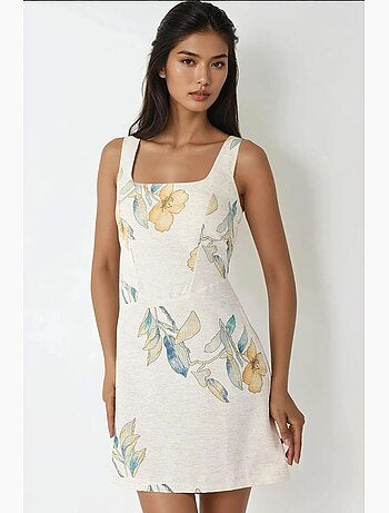 Vestido mini de lino con estampado floral y escote cuadrado hiccup