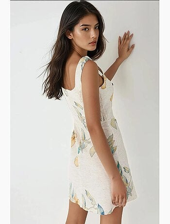 Vestido mini de lino con estampado floral y escote cuadrado hiccup