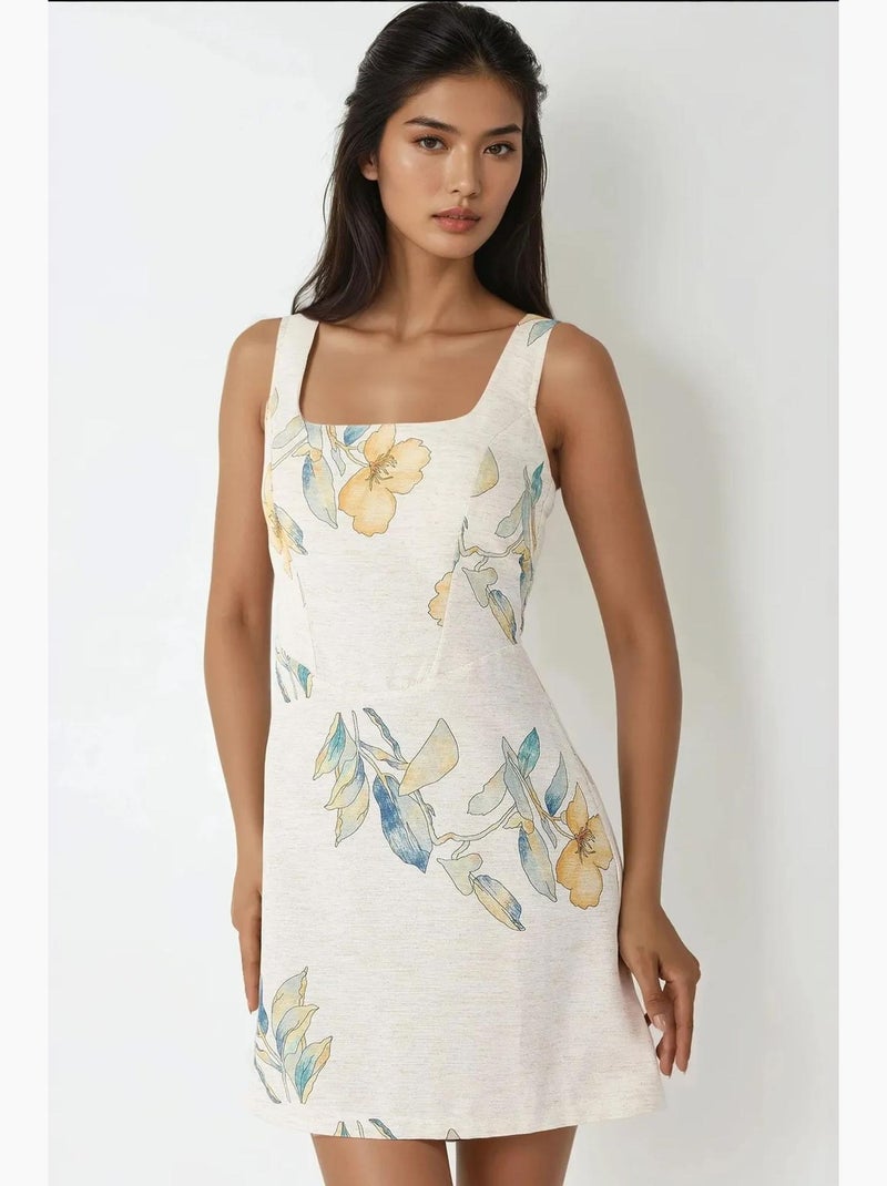 Vestido mini de lino con estampado floral y escote cuadrado hiccup Marfil - Kiabi