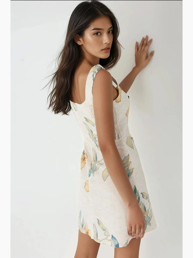 Vestido mini de lino con estampado floral y escote cuadrado hiccup Marfil - Kiabi