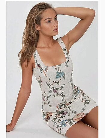 Vestido mini de lino con estampado floral y escote cuadrado hiccup