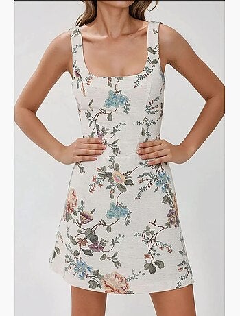 Vestido mini de lino con estampado floral y escote cuadrado hiccup