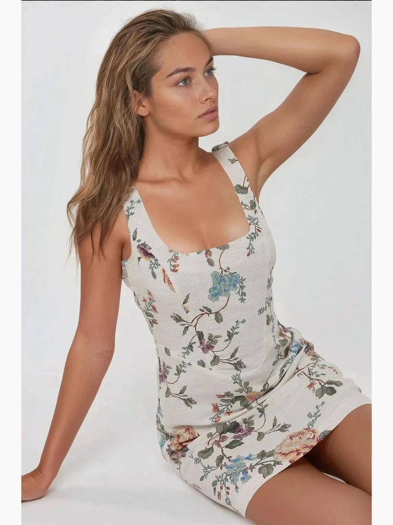 Vestido mini de lino con estampado floral y escote cuadrado hiccup Verde - Kiabi