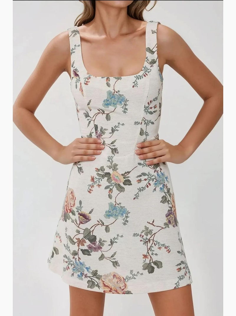 Vestido mini de lino con estampado floral y escote cuadrado hiccup Verde - Kiabi