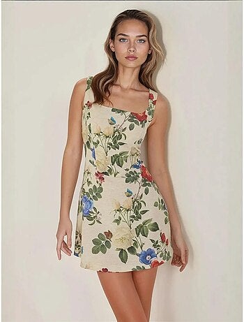 Vestido mini de lino con estampado floral y escote cuadrado
