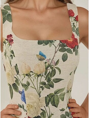Vestido mini de lino con estampado floral y escote cuadrado