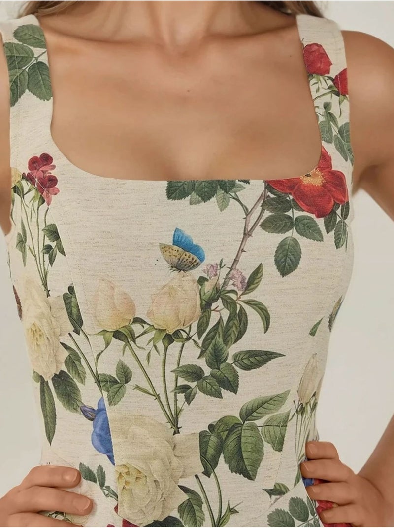 Vestido mini de lino con estampado floral y escote cuadrado Multicolor - Kiabi