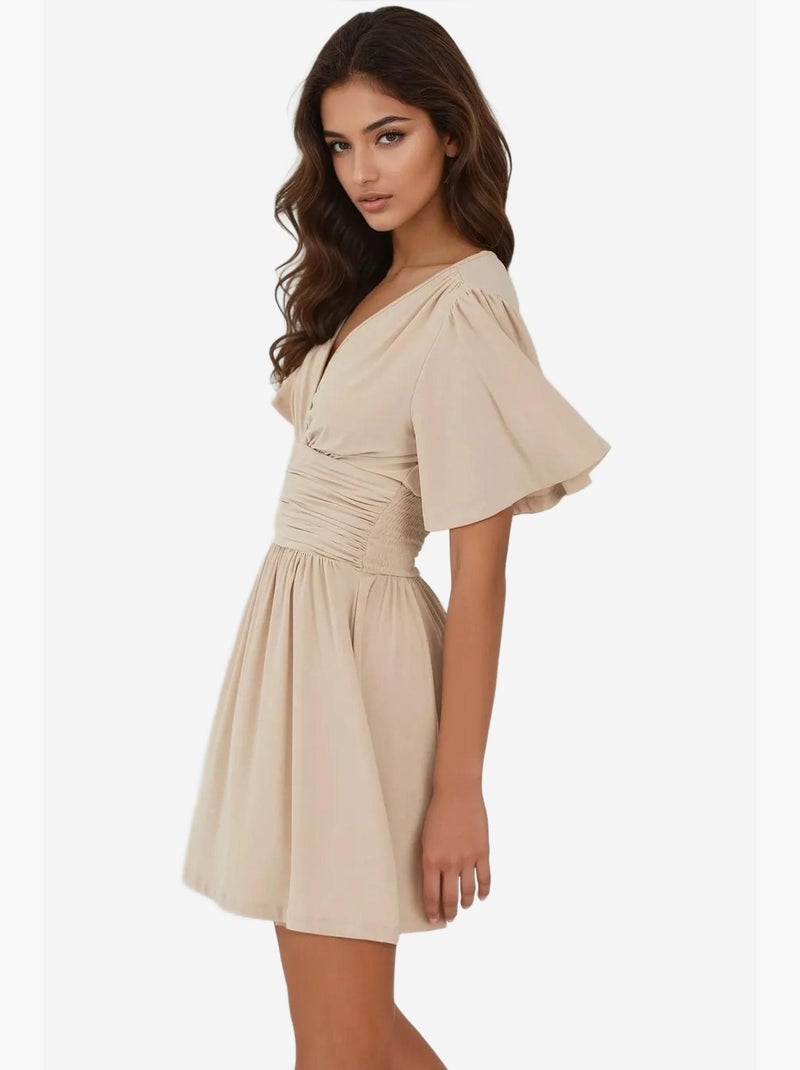 Vestido mini de manga corta con cuello en v hiccup Crema - Kiabi