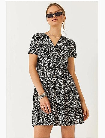 Vestido mini de manga corta con estampado y cuello cruzado lucci