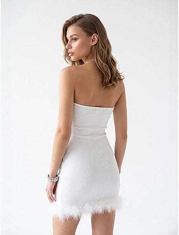 Vestido mini de mujer acanalado con cuello halter y detalle de piedra mixray