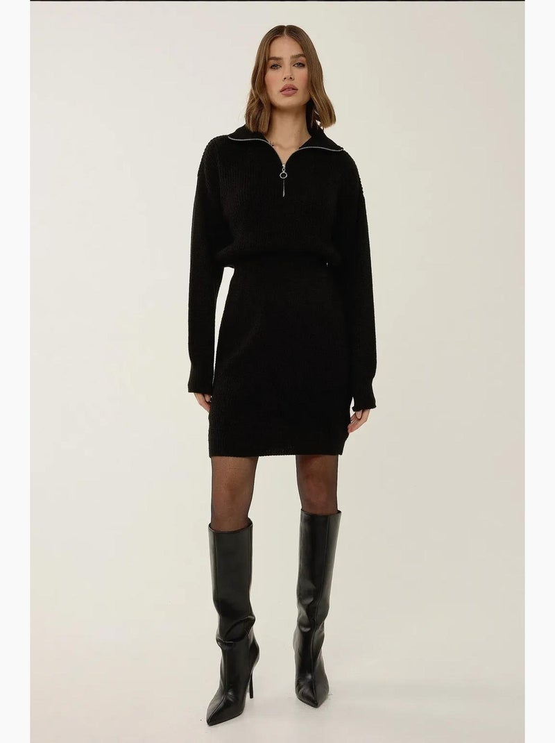Vestido mini de punto acanalado con cuello con cremallera y cintura ceñida hiccup Negro - Kiabi