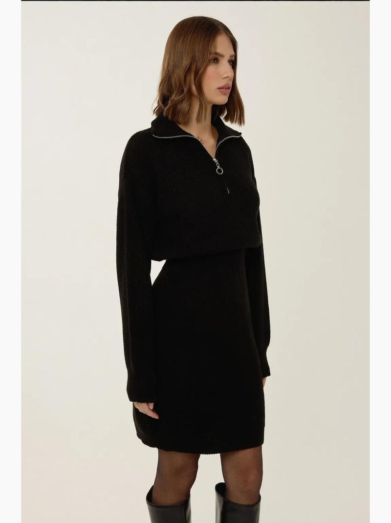 Vestido mini de punto acanalado con cuello con cremallera y cintura ceñida hiccup Negro - Kiabi