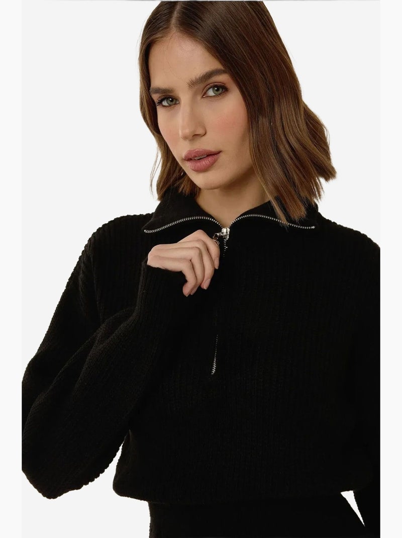 Vestido mini de punto acanalado con cuello con cremallera y cintura ceñida hiccup Negro - Kiabi