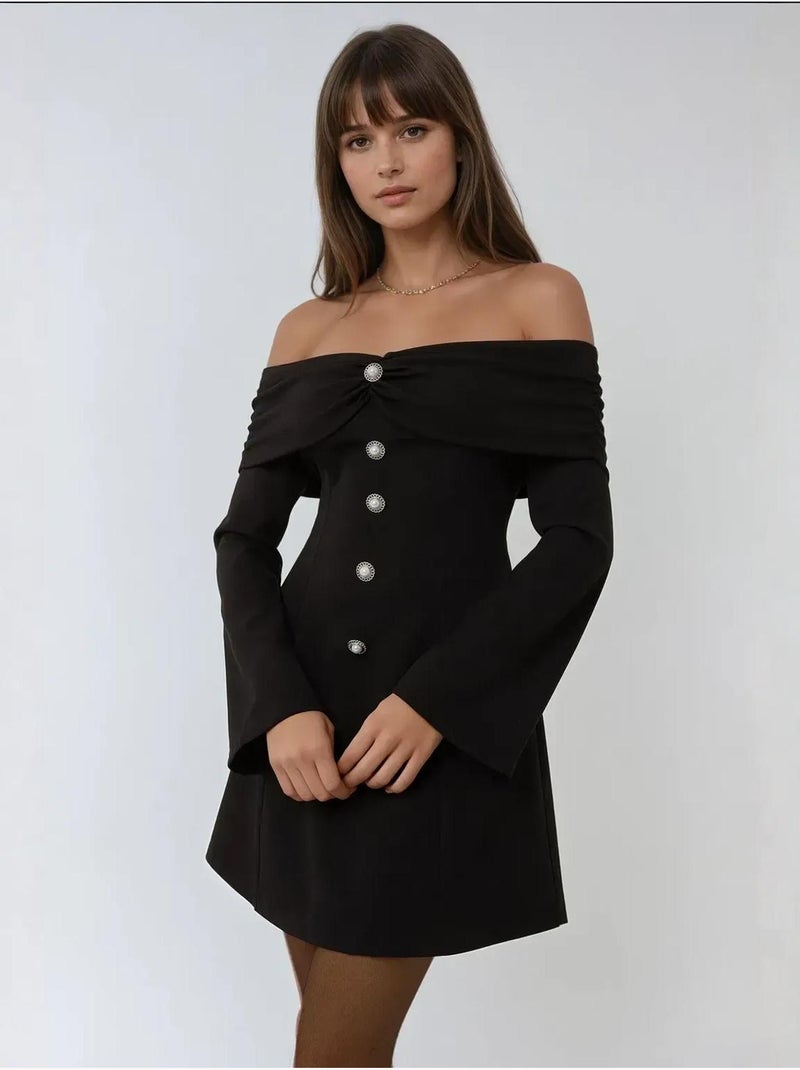 Vestido mini exclusivo con hombros descubiertos y detalle de botones Negro - Kiabi