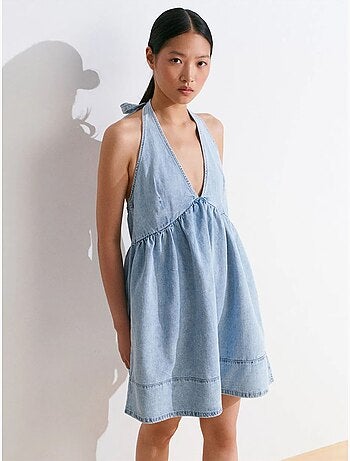 Vestido mini halter de denim de algodón dilvin