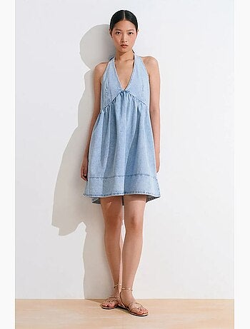 Vestido mini halter de denim de algodón dilvin