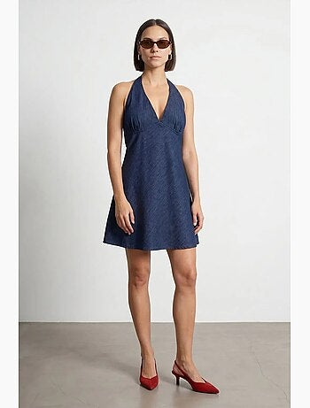 Vestido mini halter de denim de algodón dilvin