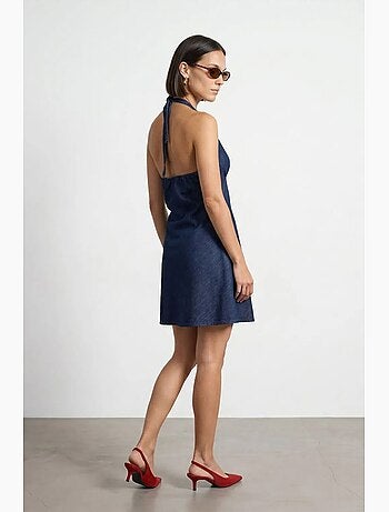 Vestido mini halter de denim de algodón dilvin