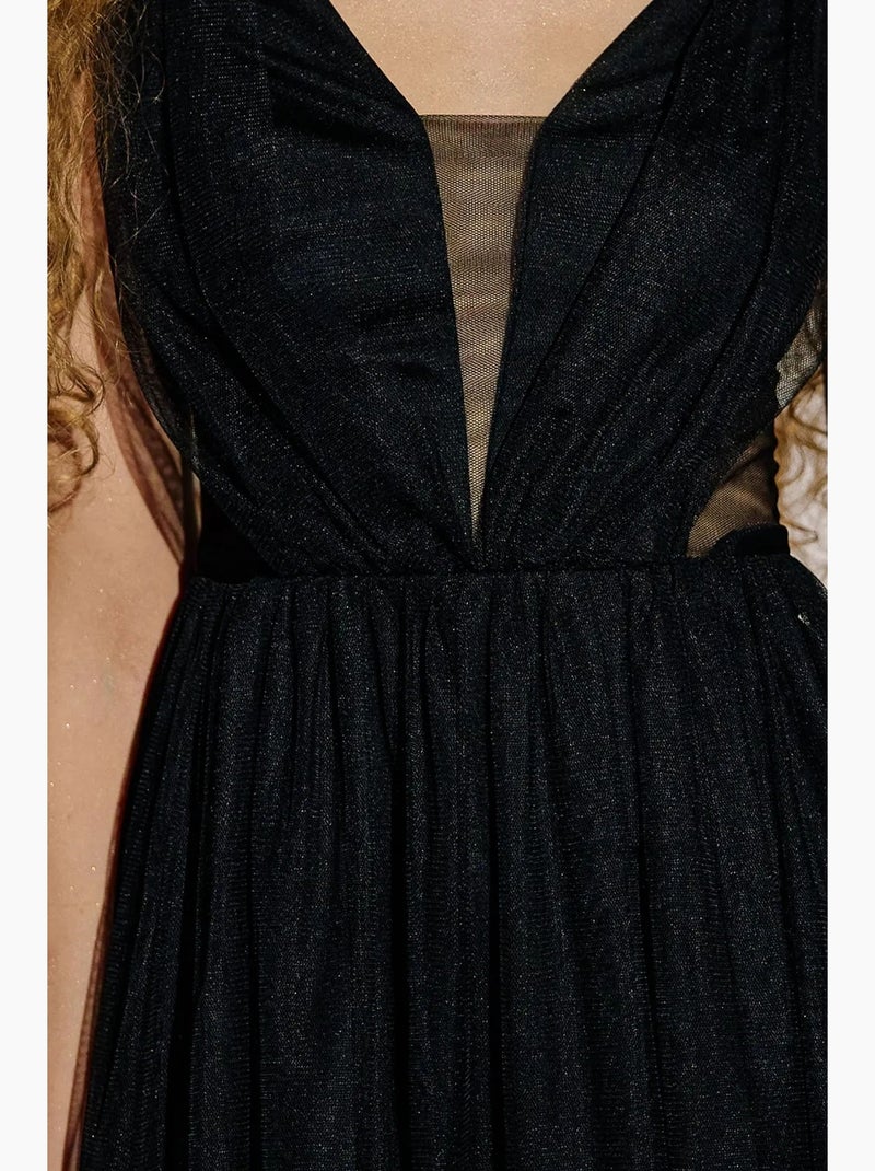 Vestido mini patinador de tul con cuello en v y paneles hiccup Negro - Kiabi