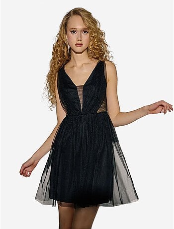 Vestido mini patinador de tul con cuello en V y paneles
