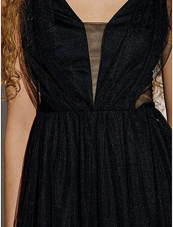 Vestido mini patinador de tul con cuello en V y paneles