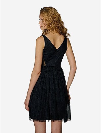 Vestido mini patinador de tul con cuello en V y paneles