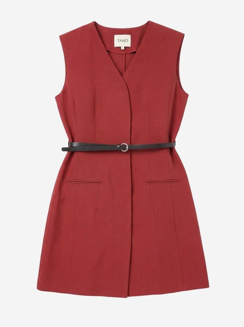 Vestido mini recto sin mangas con escote en v y cinturón my fashion Rojo burdeos - Kiabi