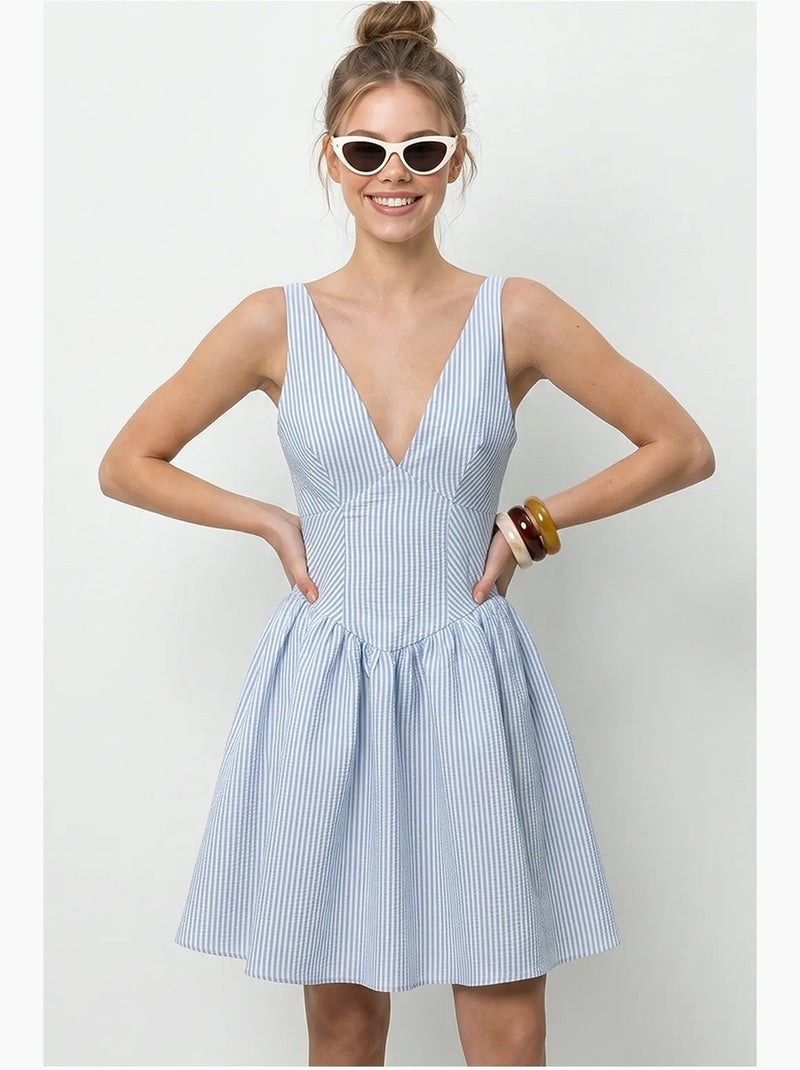 Vestido mini skater a rayas con escote en v y sin mangas lucci Azul cielo - Kiabi
