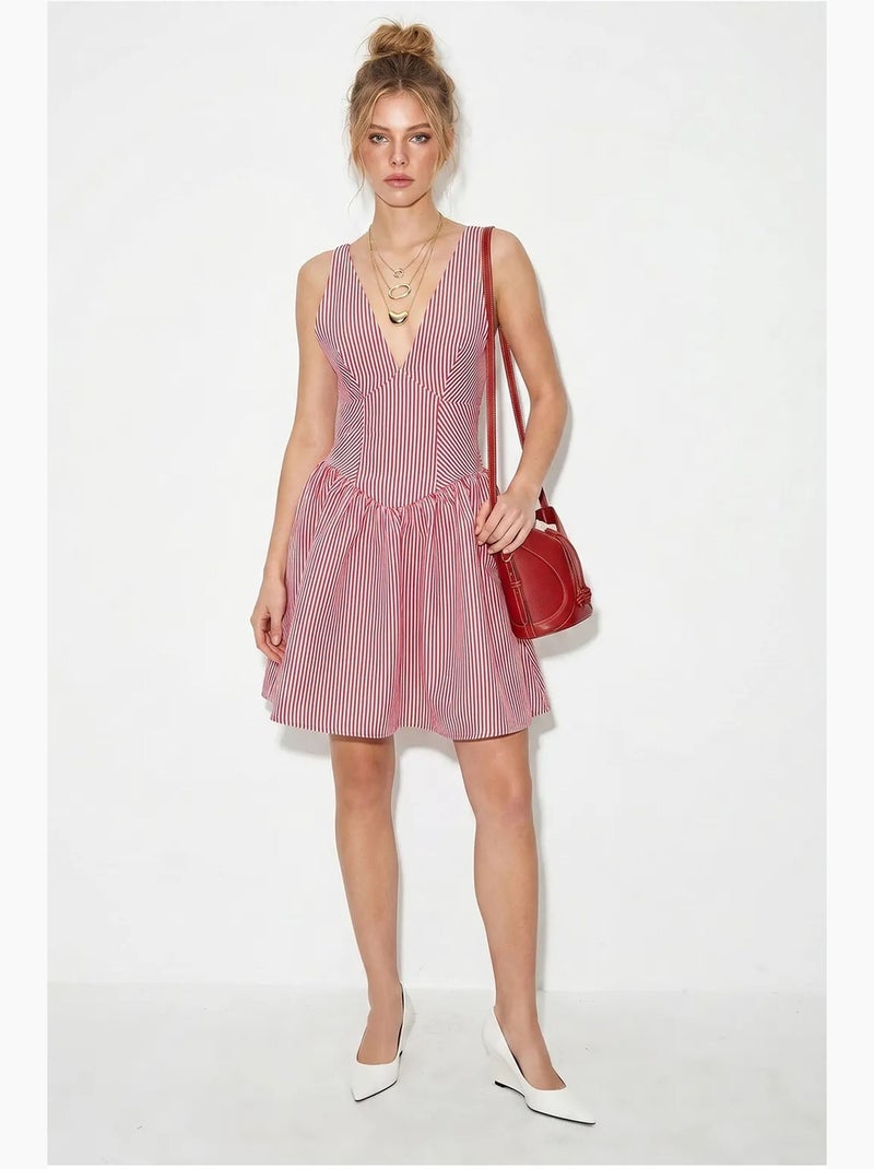 Vestido mini skater a rayas con escote en v y sin mangas lucci Rojo - Kiabi