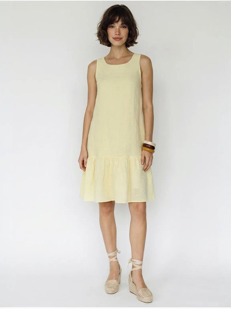 Vestido mini smock de muselina de algodón bordada lucci Amarillo limón - Kiabi