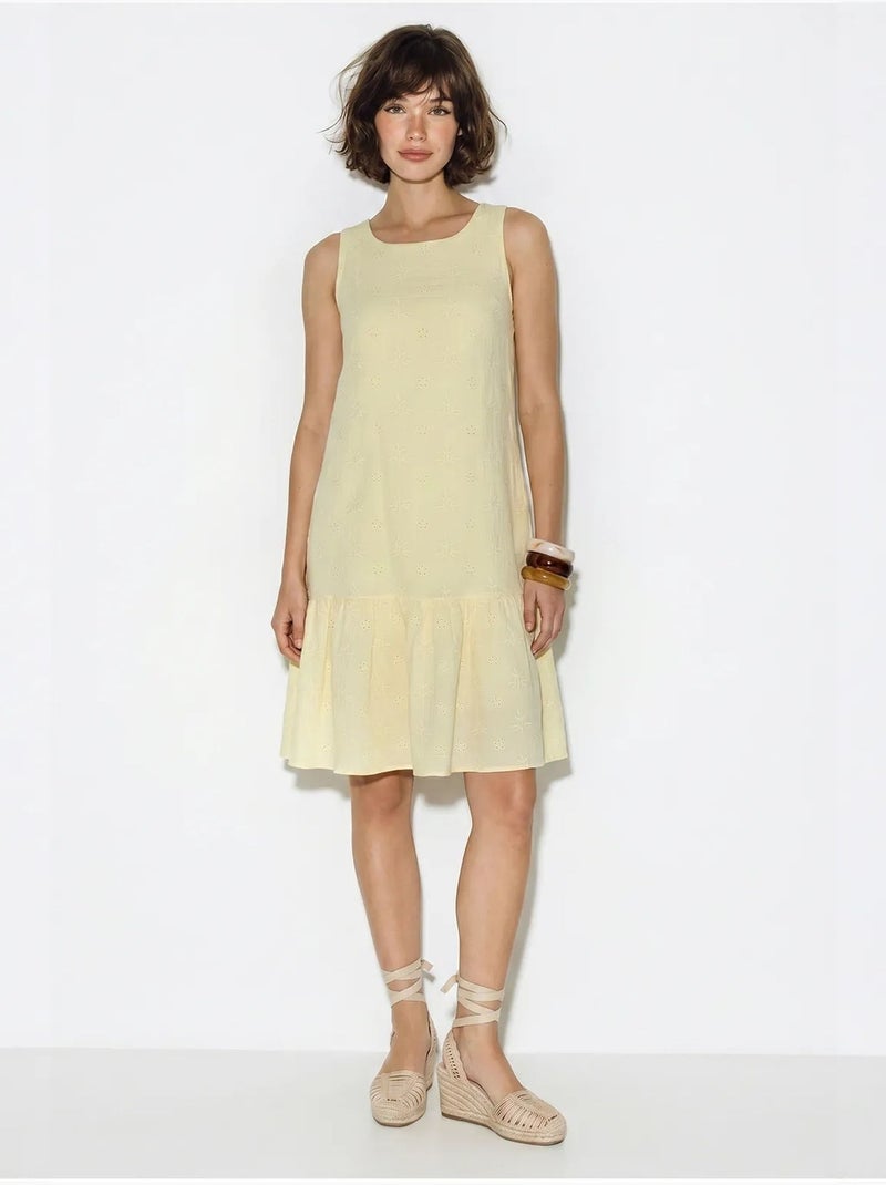 Vestido mini smock de muselina de algodón bordada lucci Amarillo limón - Kiabi
