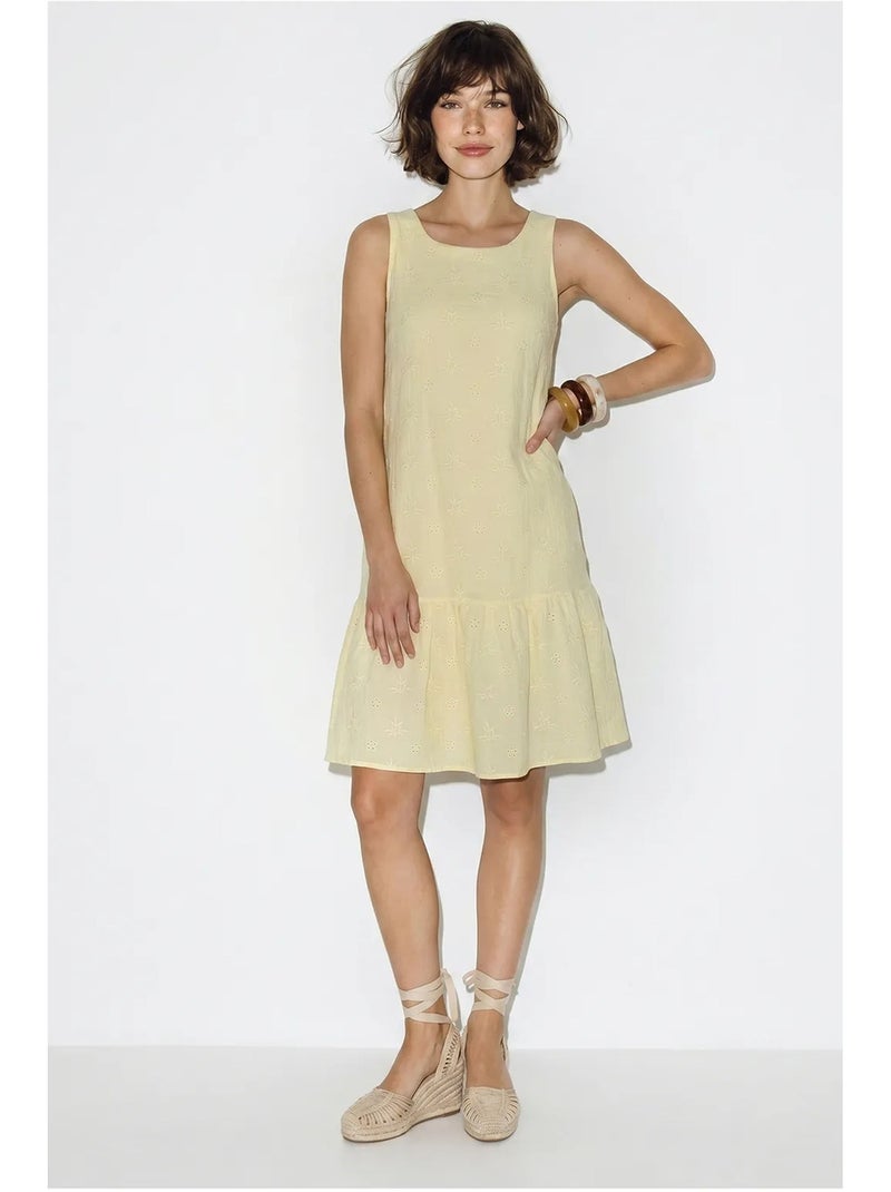 Vestido mini smock de muselina de algodón bordada lucci Amarillo limón - Kiabi