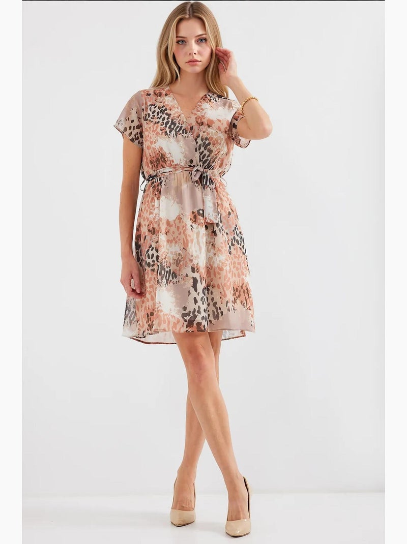 Vestido mini tipo tea floral con escote en v y cinturón bdart Beige arcilla - Kiabi