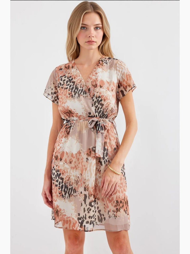 Vestido mini tipo tea floral con escote en v y cinturón bdart Beige arcilla - Kiabi