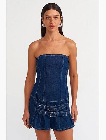 Vestido mini vaquero sin tirantes con cinturón dilvin