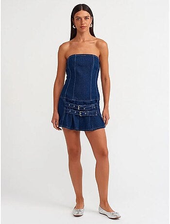 Vestido mini vaquero sin tirantes con cinturón dilvin