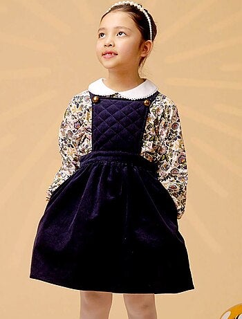 Vestido Peto de Invierno para Niña | Terciopelo Azul Marino | ECOLIÈRE